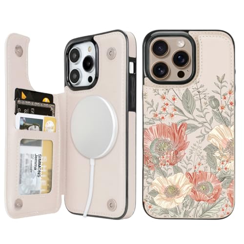 Image of uCOLOR for iPhone 13 Pro Max Wallet Case Magsafe with Card Holder Slot【Compatible with MagSafe】 Folio Flip PU Leather RFID Blocking Design (Pink Vintage Flowers, iPhone 13 Pro Max)