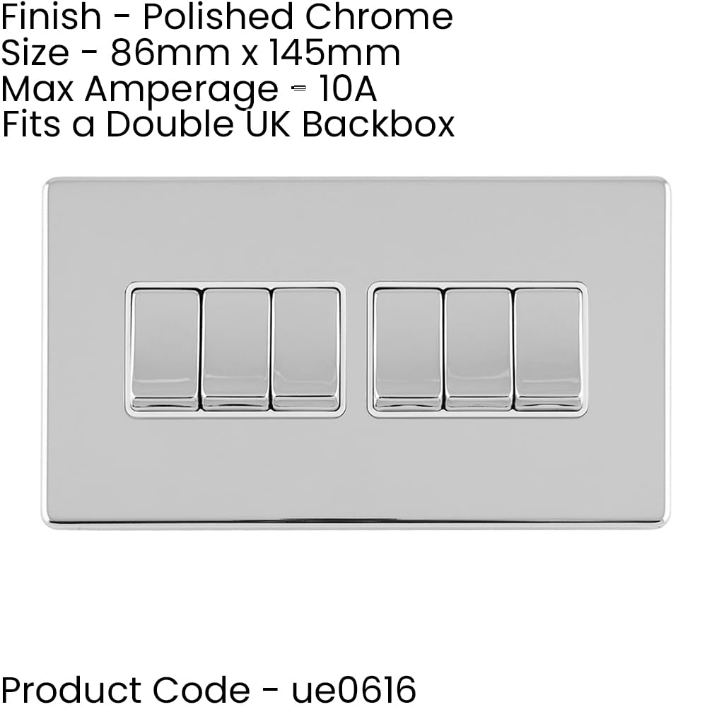Multi-Lichtschalter, 6-Gang-Multi-Lichtschalter, schraubenlos, poliertes Chrom, 2-Wege, 10 A, Wippschalter, dekorative Küche, Wohnzimmer, Schlafzimmer, 3 Stück