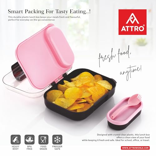 Image of ATTRO Food Bite Kids Plastic Lunch Box - 3 Compartments, 1 Small Container & Spoon, with Stylish Lid BPA-Free, Freezer Safe, Ideal for School, Travel & Outdoor - Purple Pink-500ml