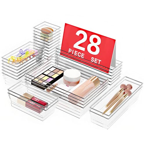 DCA 28 PCS Clear Plastic Drawer Organizers Set, 4-Size Versatile Bathroom and Vanity Drawer Organizer Trays, Storage Bins for Makeup, Bedroom, Kitchen Gadgets Utensils and Office