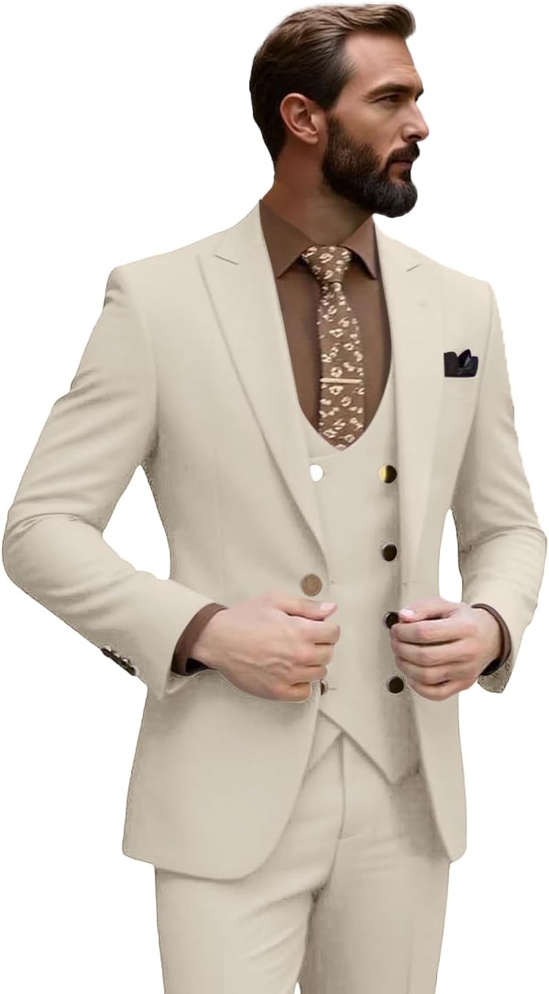 Suits for Men Slim Fit 3 Piece Suit Men Double Breasted Suit Mens Metal Buttons Peak Lapel Blazer Jacket Vest Pants