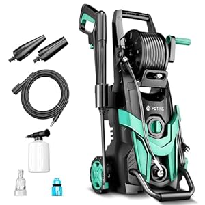 Pressure Washers, Area Coverage: 50㎡/h,Pressure:max.145 bar, Flow Rate:420 l/h, with Hose Reel, Foam Cannon and Adjustable Nozzles, High Pressure Washer for Cars, Fences, Patios and Driveway