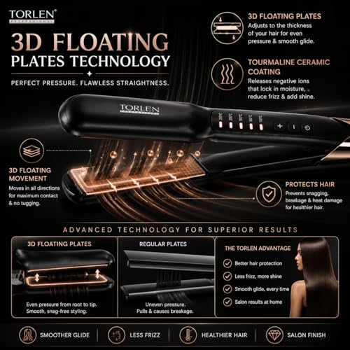 Image of TORLEN Professional Hair Straightener TOR-049 | Wide 38mm Tourmaline Ceramic Floating Plates | 5 Temperature Settings 130C-230C | Fast 30 Sec Heat Up | Auto Shut Off | Hair Straightener for Thick, Long & Frizzy Hair