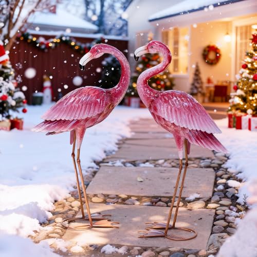 Kircust Outdoor Statue Flamingo Garden Decor, Yard Art Metal Birds Sculpture & Statues, Large Pink Flamingos Lawn Ornaments for Home, Patio, Backyard Decor (2-Pack)