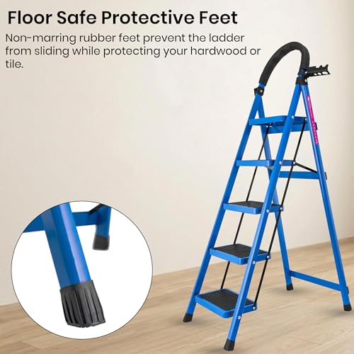 Image of Casa Copenhagen Blue 5 Step Ladder for Home Use with Built-in Tool Tray | Heavy Duty D Shape Rods | Ultra Large Platform | Wide Rubber Feet | 150Kg Capacity Foldable Ladder - 7 Years Warranty