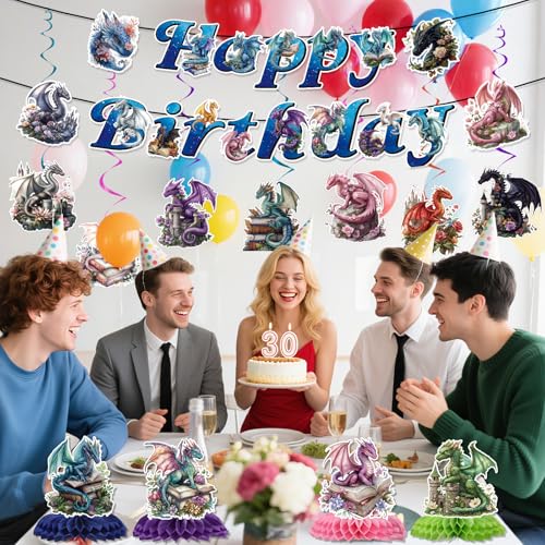 Image of Dragon Birthday Party Decorations Banners Swirls Honeycomb 13PCS | Dragon Party Decor 13pcs, Glitter Banners Swirls, Cardstock Honeycomb, Dragon Themed Birthday, Decor for Kids Boys Girls