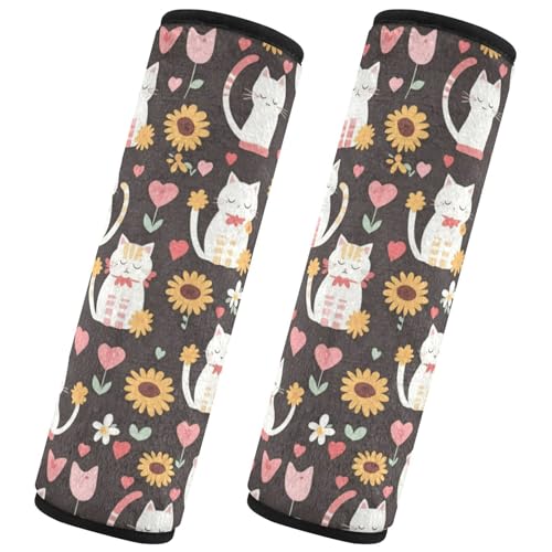 Seat Belt Covers 2 Pack Cute Cats Car Seat Strap Covers Super Soft Sunflowers Hearts Car Seat Neck Cover for Boys Girls Adults Babies M
