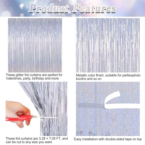 Image of ZATAYE 2 Pack Glitter Silver New Years Eve Foil Curtain Decorations | Glitter Silver, Metallic Foil, 3.28 x 7.05 FT, Tinsel Backdrop, Foil Curtain Streamer, New Years Eve Party