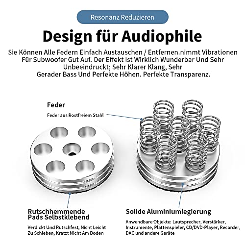 Tertullus 4 Stück High End Lautsprecher Füße Schwingungsdämpfer Aluminium Füße Audio Absorber Lautsprecherständer Mit rutschfeste Matte Resonanzdämpfer (Silver)
