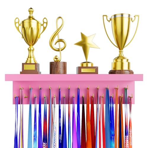 Image of Medal Holder Display Trophy Shelf Organizer, Sturdy Wooden Race Award Hanger Rack with 25 Steel Hooks, Wall Mount Storage Stand for Sports Fans, Cheer Success