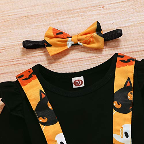Halloween Baby Girl Clothes, Thanksgiving Toddler Girl Outfit Ruffle Top+Pumpkin Print Skirt Sets+Headband Black - Thumbnail 4