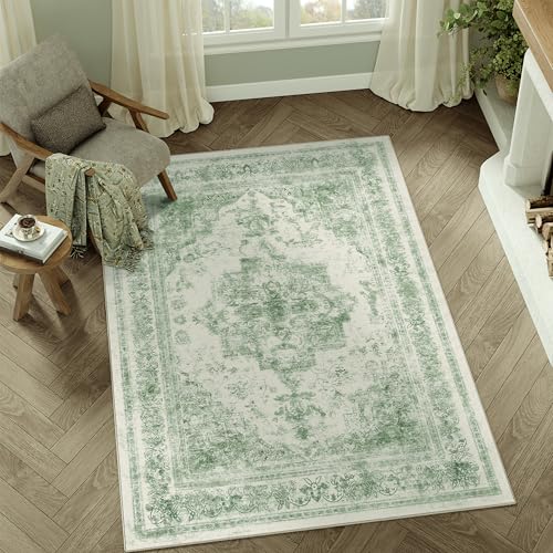 PureCozy Sage Green Area Rug 4x6 Washable Office Entryway Carpet Vintage Distressed Non Slip Kitchen Indoor Entry Neutral Low Pile Retro Floral Farmhouse Throw Mat for Laundry Dining Room Be