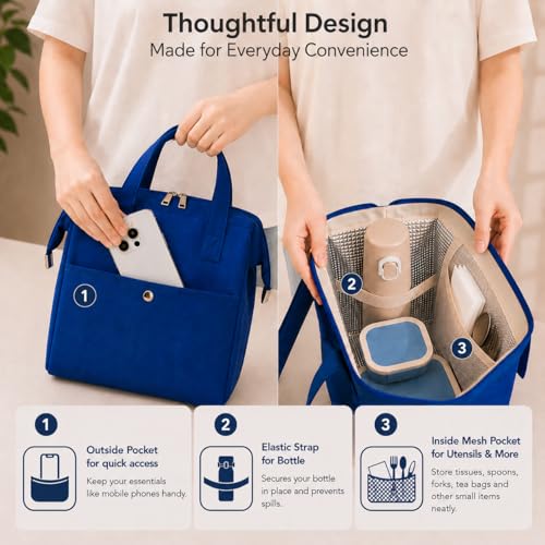 Image of THICKET Insulated Lunch Bag for Women & Men | Premium Fabric with Easy-Clean Alumnium Foil Lining, Dual Zippers & Bottle Strap | Lunch Bag for Office, Work, Travel & Picnic (Royal Blue)