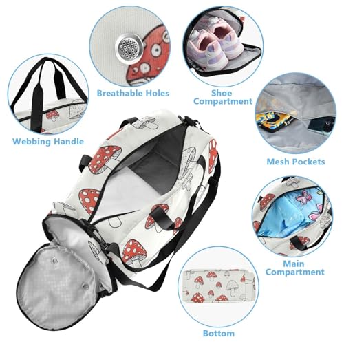 Cute Mushrooms Red White Duffle Bag for Girl, Sports Duffle Gym Bags with Shoe Compartment, Personalized Overnight Bag Travel Weekender for Kids3