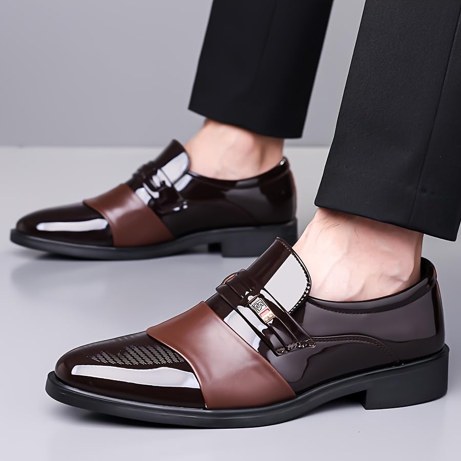 Men's Glossy Finish Dress Shoes - Business Casual Style, Solid Color, Pointed Toe, Slip-On Design, Rubber Sole, Comfortable for Work & Social Event3