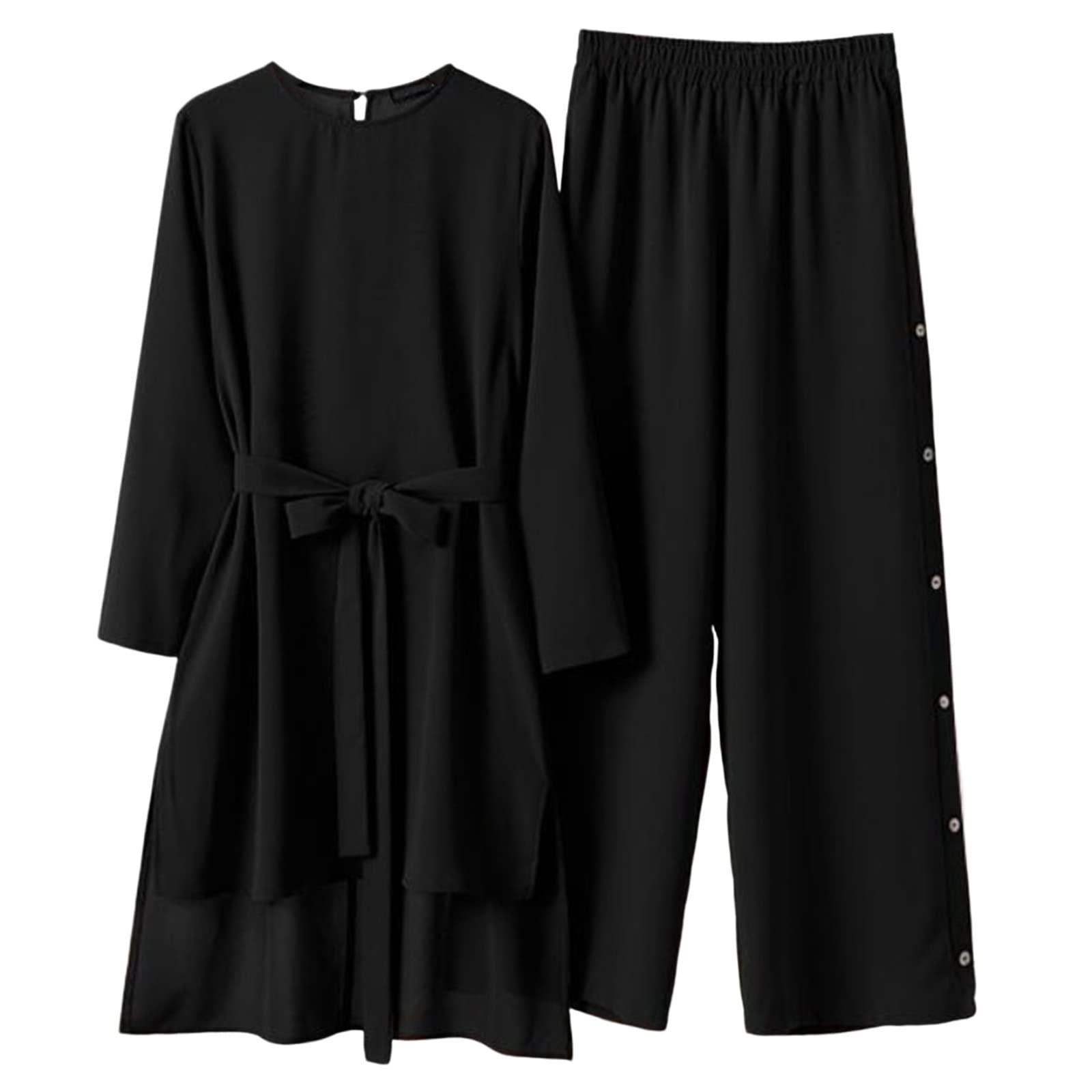 KBOPLEMQ Conjunto musulmán Mujer 2024 Elegante Primavera Dubai Islámico Vestido Largo Bata con Botones Cintura Delantera Mujeres Ropa de Oración Caftán para Mujeres Manga Larga Obeteile + Pantalones