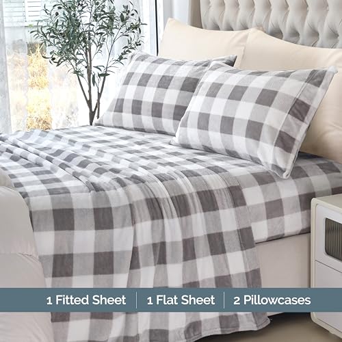Image of Elegant Comfort Luxuriously Soft 4-Piece Velvet Plush Flannel Sheet Set - Premium Quality - Cozy Warm, Anti-Static, Non Pilling Fuzzy Velvet Flannel Fleece Deep Pocket Sheet Set - King, Buffalo Gray