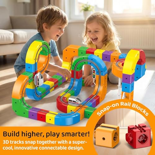 Image of DIY Cube Track Magic Rail Train Set,Educational Building Track Toy for Kids Multicolour, for Ages 3+, Loop, Arch and Multi-Layer Tracks (51 Pcs Block Set)