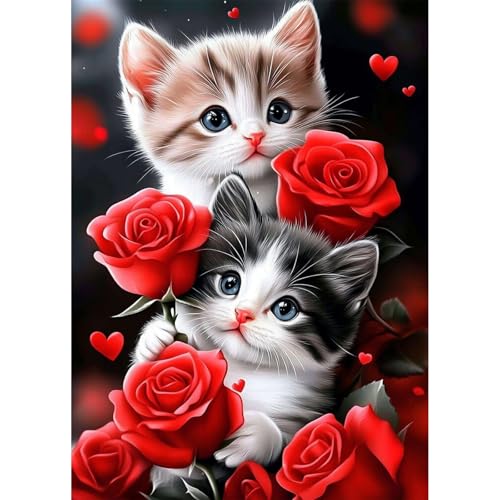QENSPE Diamond Painting Chat, 5D Peinture Diamant Adulte Rose Broderie Diamant Complet Bricolage Diamonds Art Full Drill Décoration Murale Maison - LKJ039-30x40cm