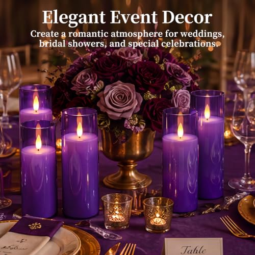 Image of Homemory Purple Battery Operated Flameless Candles with Remote and Timer, Flickering LED Pillar Candles, Acrylic Decorative Candles for Home Decor, Weddings, Parties and Holidays, 9 Pack
