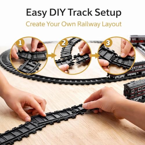 Image of Classic Toy Train Set for Kids 3-8, Electric Steam Train with Real Smoke, Lights and Sounds, DIY Railway Tracks, Battery Operated Passenger Train Play Set, Vintage Black