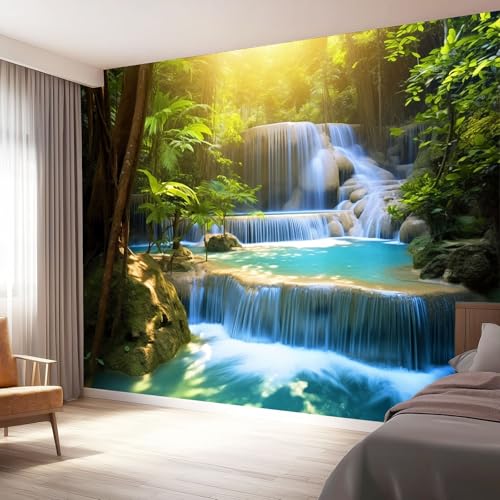 Papel Pintado Pared Cascadas Bosques Plantas, Verde Mural Autoadhesivo 300 x 210 cm（WxH Adhesivo Muebles Autoadhesivo Papeles Pintados Dormitorio Baño para Dormitorio Salón Pasillo
