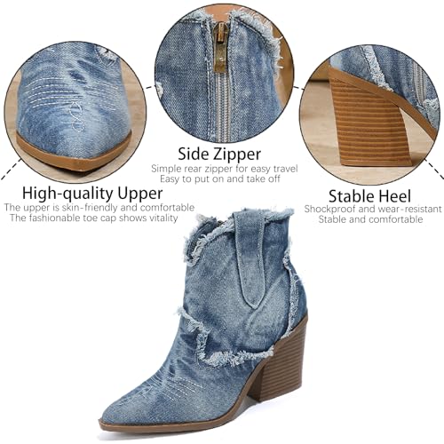 Women's Embroidery Denim Western Cowboy Ankle Boots With Side Zipper Fashion Pointed Toe Stack Heel Cowgirl Mid Calf Boots Comfort Walking Dress Booties3