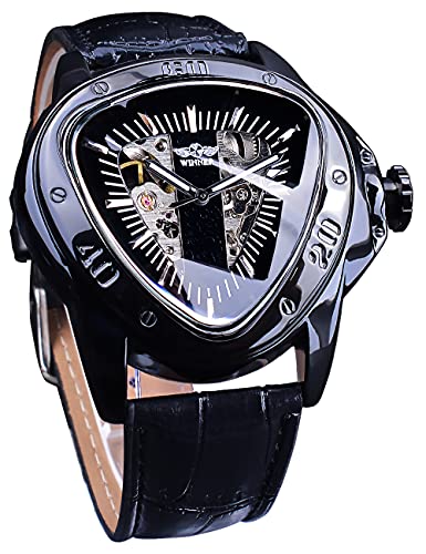 Winner Fashion Montre bracelet mécanique triangulaire cadran de course étanche cadran squelette doré mouvement automatique en cuir montre mécanique pour...