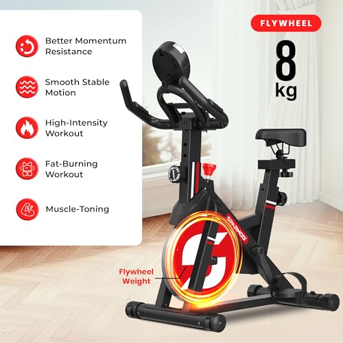 Image of Sparnod Fitness SSB-08N Spin Bike for Home Use 8 kg Flywheel, Digital Display Console, Heart Rate Sensor, Fully Adjustable Seat & Handlebar, Silent Belt Drive, Carbon Steel Frame, Max User Weight 130kg