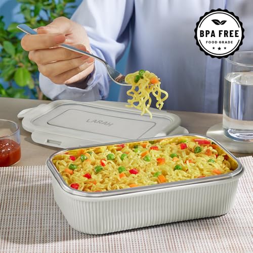 Image of Larah by BOROSIL Freshbyte Food Storage Container with Airtight Stainless Steel Lid | Fridge Container for Lunchbox | Food Grade | Microwave Safe (Grey, 800 ml, Rectangular)