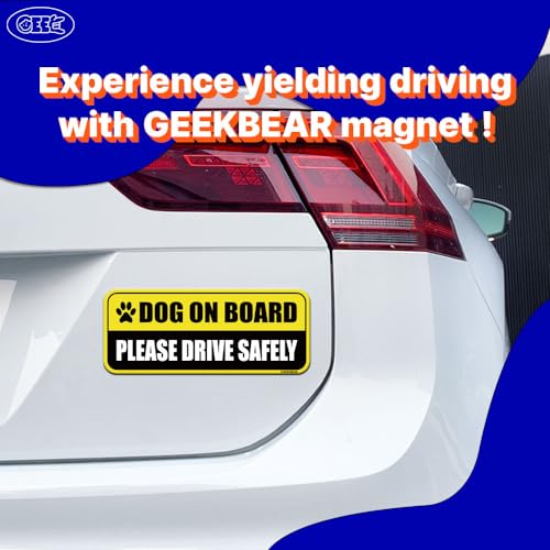 Image of GEEKBEAR Dog on Board Car Magnet - Colorful, Reflective, Weather-Resistant - Rectangular 8.7 x 3.5 in (Yellow /Black)