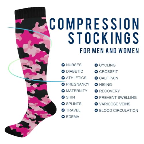 Military Pink Camouflage Women's Compression Socks Black White Camo Print Athletic Tube Sock Unisex Casual Knee High Socks Outdoor Sport Socks For Running Hiking Travel4