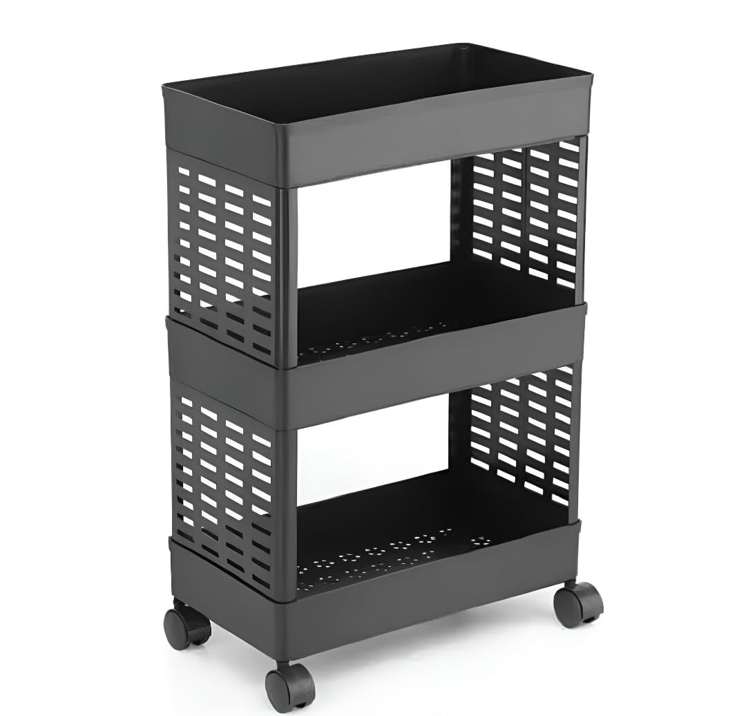 Plastic Storage Rack Trolley with Wheels, 3 Layer Multipurpose Organizer Shelf for Kitchen, Bathroom & Bedroom, Mobile Storage Cart for Fruits, Vegetables, Toiletries, Snacks (3 Shelf Black)-image-27