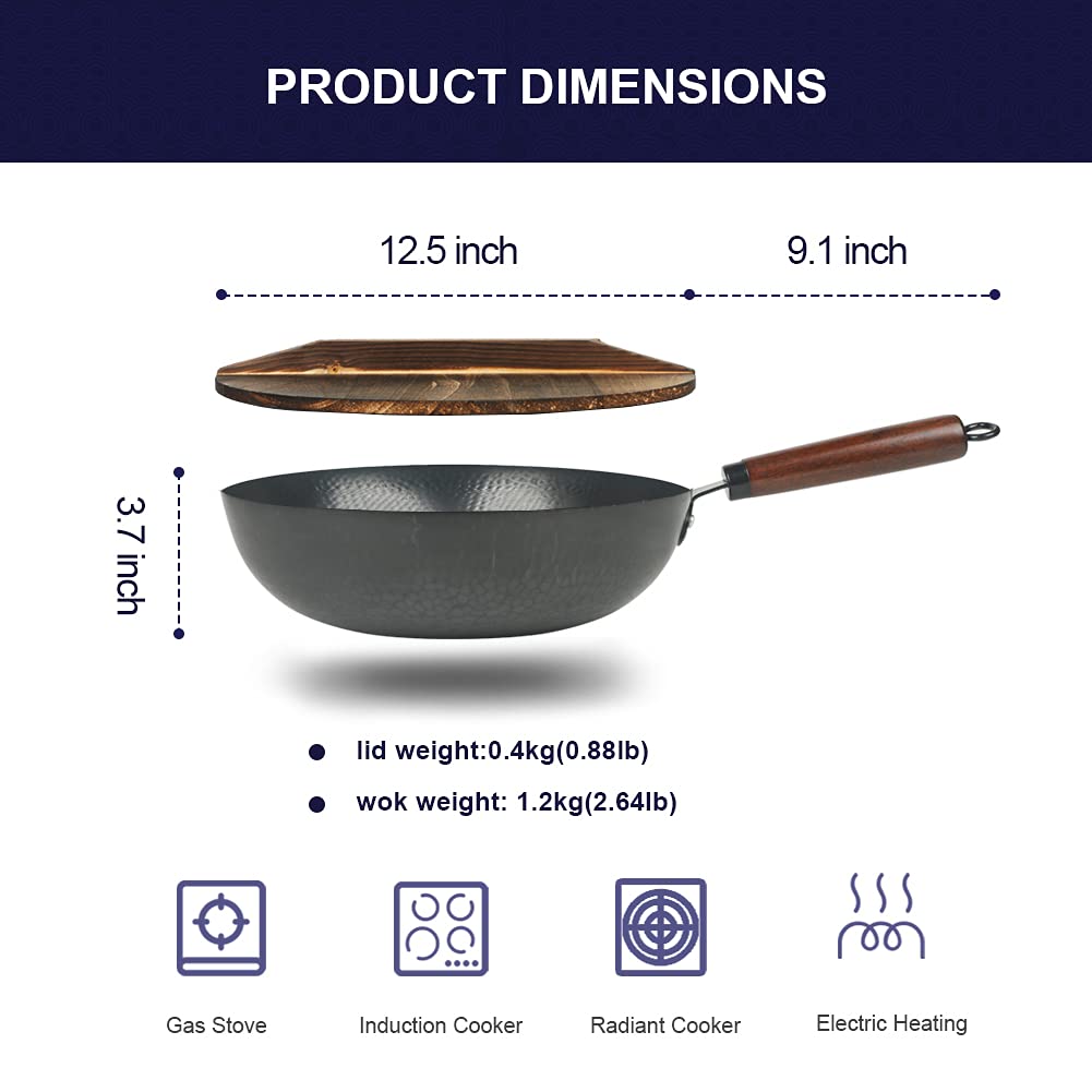 Bielmeier Hand Hammered Wok pan 14.1",Carbon Steel Wok with Wok Ring, Round Bottom Woks and Stir