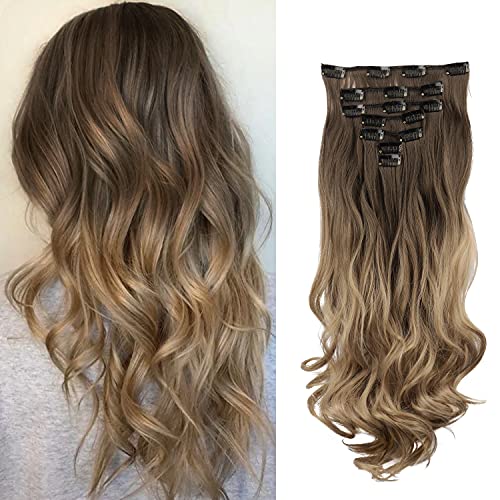 FESHFEN Clip in Hair Extensions 7 PCS Full Head 20 inch Curly Wavy Synthetic Clip Hair Piece Wavy Hairpiece for Women Girls