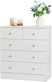 LEADZM Commode Blanche à 5 tiroirs, Meuble Rangement, Commode Chambre, Armoire à tiroirs 66 x 33 x 76cm