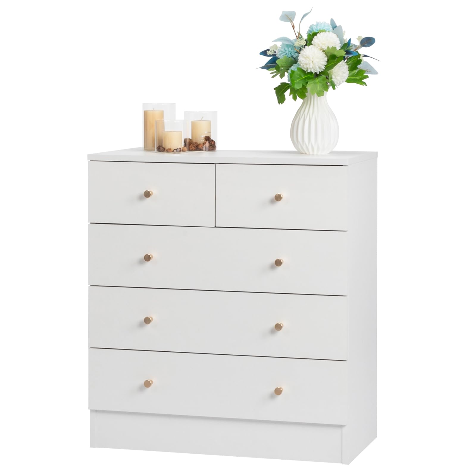 Bonnlo Commode Blanche, 5 Tiroirs avec Poignées, Meuble Rangement pour Chambre, Salle de Bain, Salon, Table de Chevet pour Adulte, Enfant, 66 x 33 x 73 cm