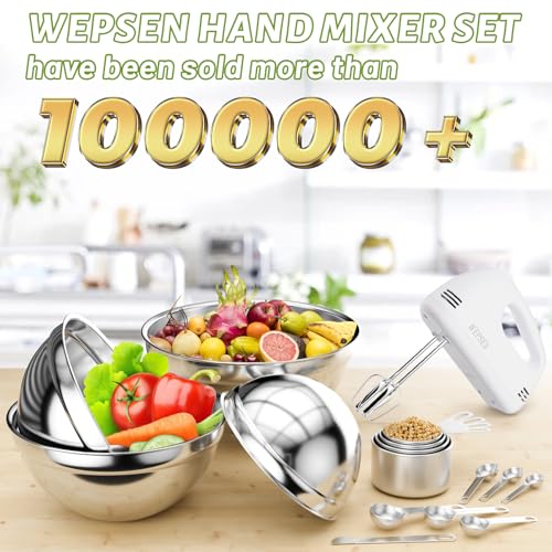 WEPSEN Hand Mixer Electric Mixing Bowls Set, 5 Speeds Handheld Mixer with 4 Nesting Stainless Steel Mixing Bowl, Measuring Cups Spoons 200W Kitchen Blender Whisk Beater Baking Supplies For Beginner - Image 3