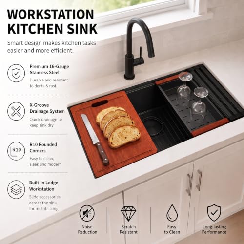 Image of LQS Undermount Kitchen Sink 32 x 18, Large Black Undermount Kitchen Sink, Deep Single Bowl Sinks, Top-Grade 16 Gauage Stainless Steel Nano PVD Material with Round Corner and X-Shape Drain Line