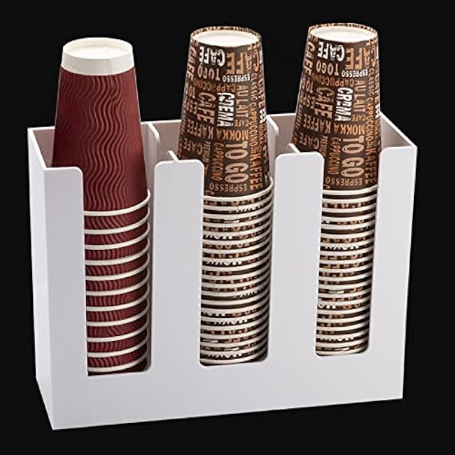 Tirifer Disposable Paper Cup Dispenser, Acrylic Coffee Cup and Lid Storage Organizer Holder, Coffee Milk Tea Shop Restaurant Accessories Christmas Party Supplies, 3 Compartments, White