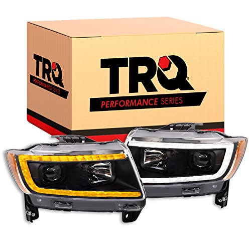 Image of TRQ Performance Driver and Passenger Side Headlight Assembly Set Black Housing Compatible with 11-13 Jeep Grand Cherokee Halogen Only