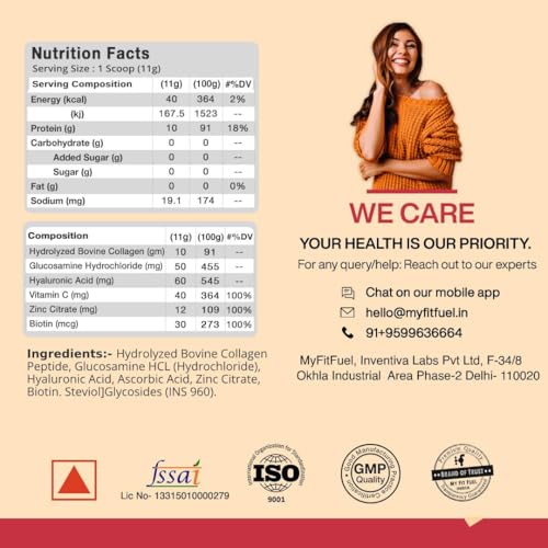 Image of MyFitFuel Hydrolyzed Bovine Collagen (100gm, Orange) with Biotin, Hyaluronic Acid, Zinc, Vitamin C & Glucosamine | For Skin, Hair, Nails & Joints