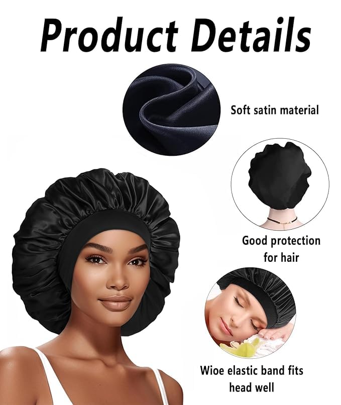Image of 4 Pcs Double Layer Reversible Satin Bonnet, Large Sleeping Hair Bonnet, Soft Night Sleep Cap for Men, Women, Curly Hair and Braids, Black, Navy, Royal Blue, Wine Red