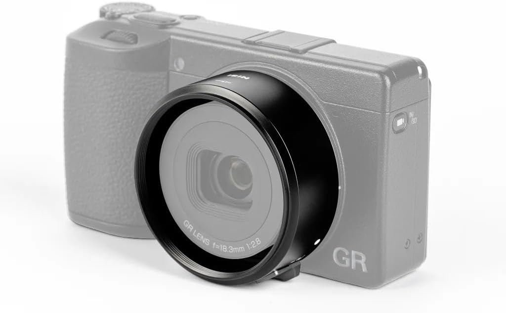 NiSi Lens Adapter mounted on a Ricoh GR IV camera, viewed from the front-left.