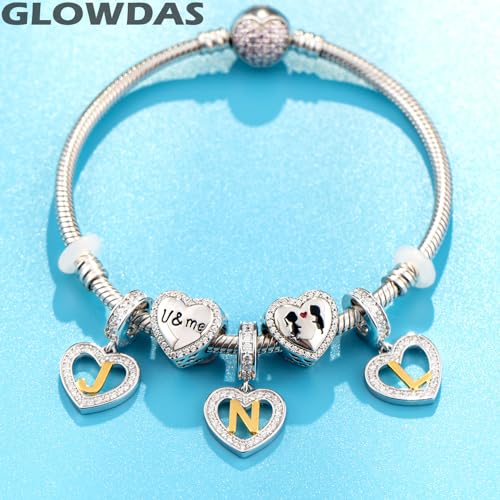 Image of GLOWDAS 18K Gold Plated Letter Charms Initial A to Z Necklace Pendant, 925 Sterling Silver CZ Heart Dangle Alphabet Beads fit European DIY Bracelet, Gifts for Valentiens /Christmas /Family