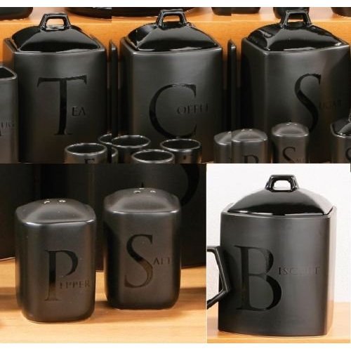 BLACK CERAMIC TEA COFFEE SUGAR BISCUIT SALT PEPPER JAR