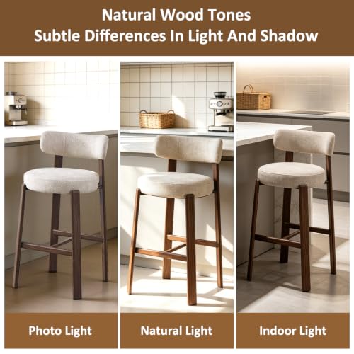 Butacos modernos tapizados, set de 2 unidades, asiento acolchado grueso y reposapiés, patas metálicas con acabado nuez, color beige miniatura 7