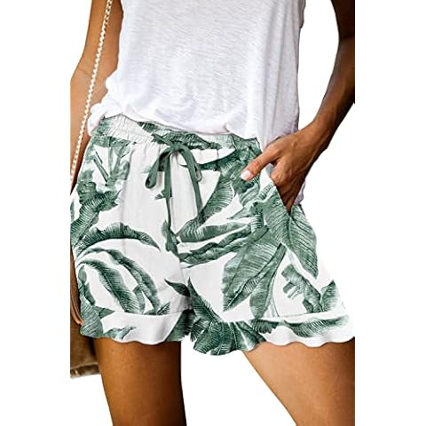 ONLYSHE Women's Female Drawstring Shorts Loose Comfy Lightweight Elastic Waist Summer Beach Pocketed Short Lounge Athletic Pants WhiteGreen-3XL Cover