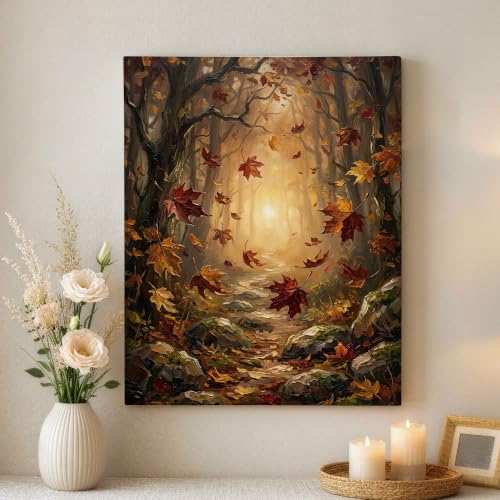Lienzo decorativo para pared, cuadro de otoño naranja y camino de árboles para salón