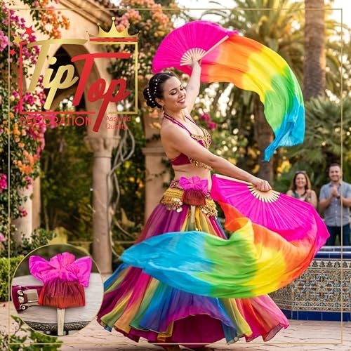 Image of Premium Dancing Long Veil Bamboo Folding Streamer Silk Hand Fan For Dance Shows (Vivid Multi, Pack of 1 Piece)